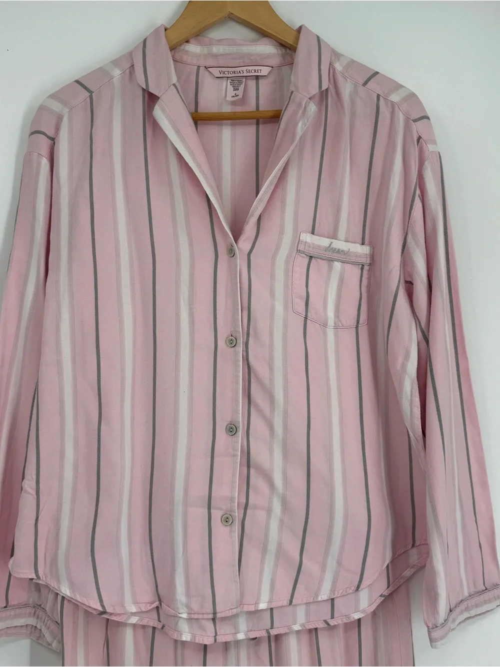 Victoria's Secret Women Flannel Pajama Set Pink Gray Stripe Size M Button Up